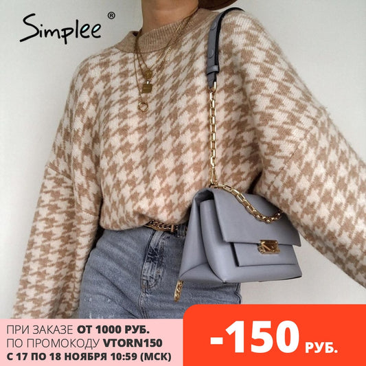 Simplee Women geometric khaki knitted sweater women casual Houndstooth lady pullover sweater female Autumn winter retro jumper