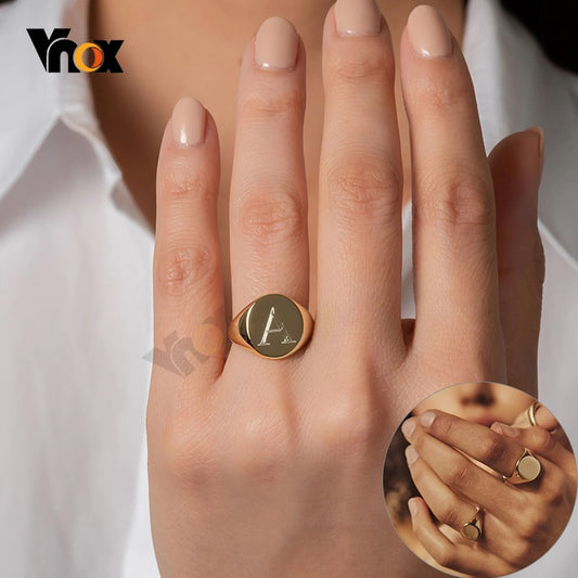 Vnox Chic Customize 14mm Signet Ring for Women Glossy Stainless Steel Round Top Stamp Band Minimalist Cool Personalized Jewelry