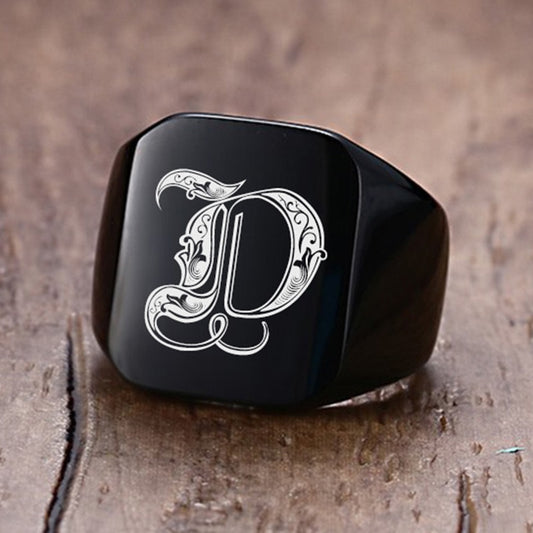 Vnox 18mm Chunky Signet Ring for Men Black Stainless Steel Engraved Royal Initialen Latter Initial Stamp Ring Custom Jewelry