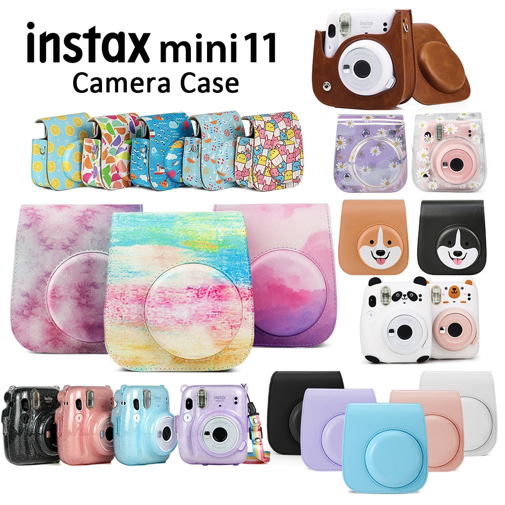 For Fujifilm Instax Mini 11 Instant Film Camera PU Leather Bag Case Cover Shell with Shoulder Strap Pink/Blue/Purple/Gray/White