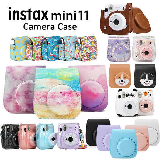For Fujifilm Instax Mini 11 Instant Film Camera PU Leather Bag Case Cover Shell with Shoulder Strap Pink/Blue/Purple/Gray/White