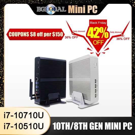 Eglobal Fanless Mini Computer Intel i7 10510U i7 8565U i5 8265U 2*DDR4 Msata+M.2 PCIE Mini PC Windows 10 HTPC Nuc VGA DP HDMI