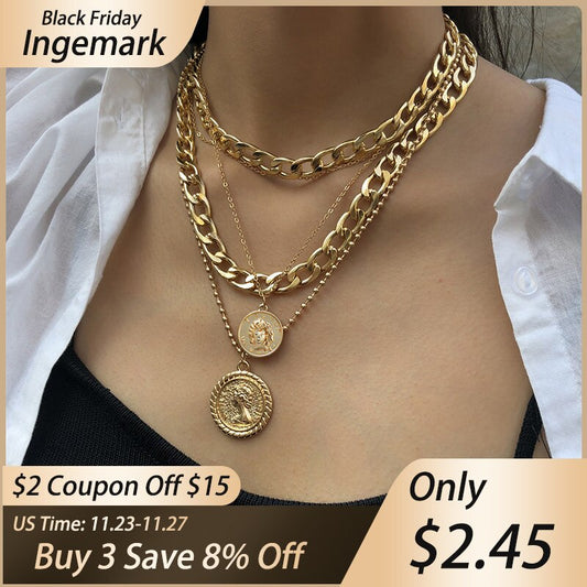 Ingemark Punk Miami Cuban Choker Necklace Colar Hip Hop Big Thick Chunky Chain Fashion Queen Coin Pendant Necklace Women Jewelry