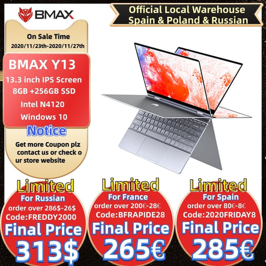 BMAX Y13 Laptop Intel N4120 13.3inch Quad Core  1920*1080 IPS Screen 8GB LPDDR4 RAM 256GB SSD Notebook windows10