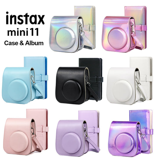 For Fujifilm Instax Mini 11 Camera PU Leather Case Bag Shoulder Strap Carrying Instax Mini Bags + 96 Pockets Album