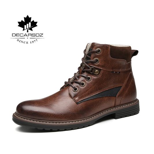DECARSDZ Men Winter Boots 2020 Autumn New Fashion Shoes Men Boots Comfy Lace-up Leather Warm Short plush Men's Boots Men Shoes