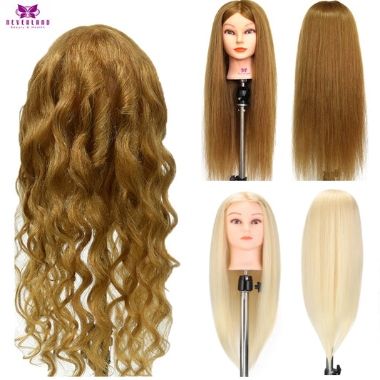 NEVERLAND  26" 100% Real Hair Training Mannequin Head Curling Women Professional Hairdresser Practice Manikin  Head with Stand