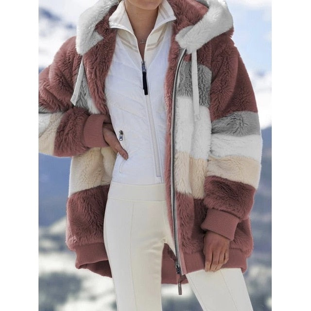 S-5XL Winter Coat Jacket Hooded Warm Plush Loose Jacket for Women Patchwork Winter Outwear Faux Fur Zipper Ladies Parka Coat