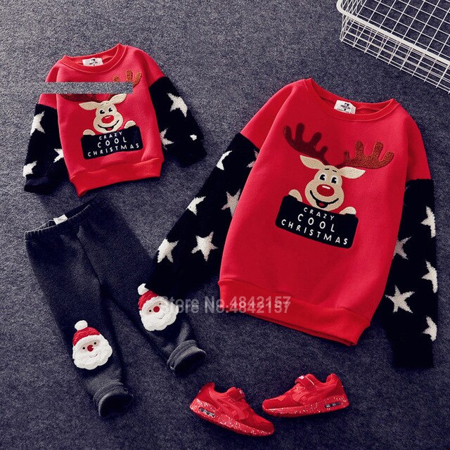 2021 Christmas Family Matching Clothes Winter Cotton Warm Thick Elf Deer Print Sweaters Xmas New Year Family Look Outfits
