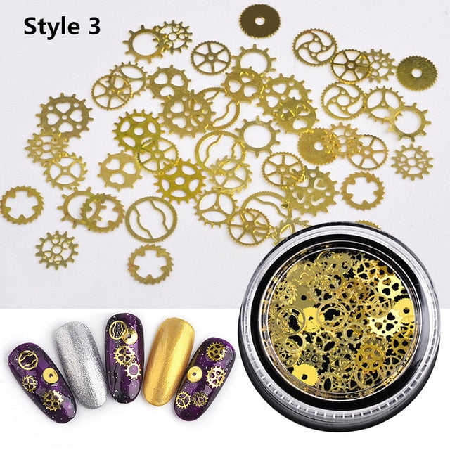 1 Box Ultra-thin Punk Style Studs 3D Nail Art Decorations Time Wheel Christmas Tree DIY Nail Suplies Gold Steam Machine Gear