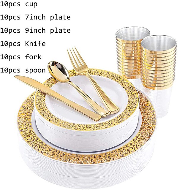 60pcs/lot Wedding party home supplie Plastic Party Plates for 10 people party Gold Disposable Plates Plastic Wedding Supplies