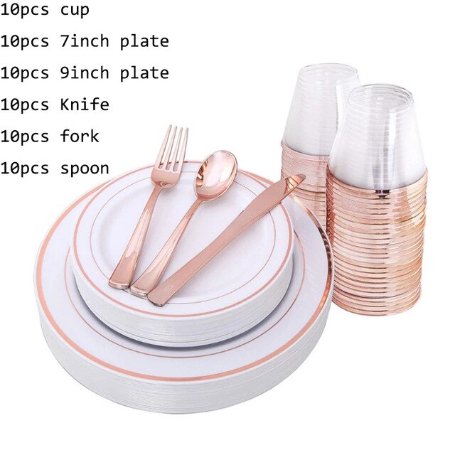 60pcs/lot Wedding party home supplie Plastic Party Plates for 10 people party Gold Disposable Plates Plastic Wedding Supplies