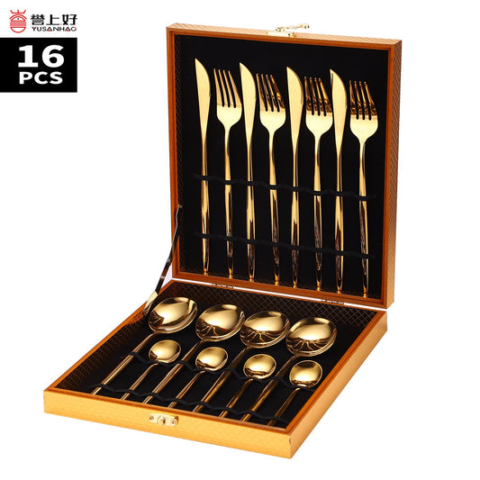 16Pcs Food Stainless Steel Dinnerware Set Gold Cutlery Spoon Fork Knife Western Cutleri Silverware Spoons Tableware Set Supplies