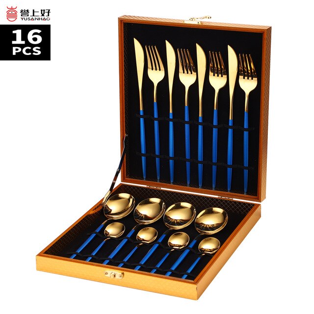 16Pcs Food Stainless Steel Dinnerware Set Gold Cutlery Spoon Fork Knife Western Cutleri Silverware Spoons Tableware Set Supplies