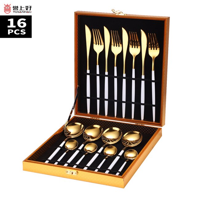 16Pcs Food Stainless Steel Dinnerware Set Gold Cutlery Spoon Fork Knife Western Cutleri Silverware Spoons Tableware Set Supplies