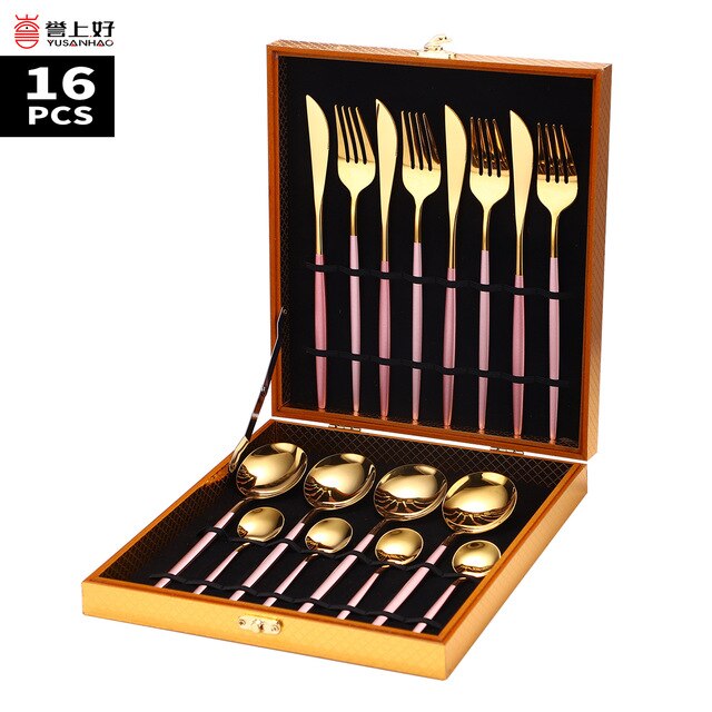 16Pcs Food Stainless Steel Dinnerware Set Gold Cutlery Spoon Fork Knife Western Cutleri Silverware Spoons Tableware Set Supplies