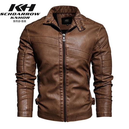 The New 2020 Winter Men's Motorcycle Leather Jacket with a Brown Leather Coat Lined with Velvet