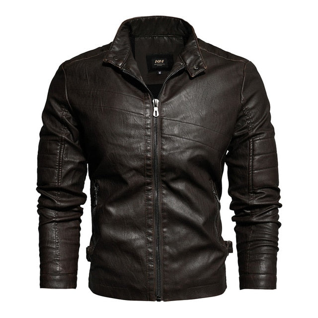 The New 2020 Winter Men's Motorcycle Leather Jacket with a Brown Leather Coat Lined with Velvet