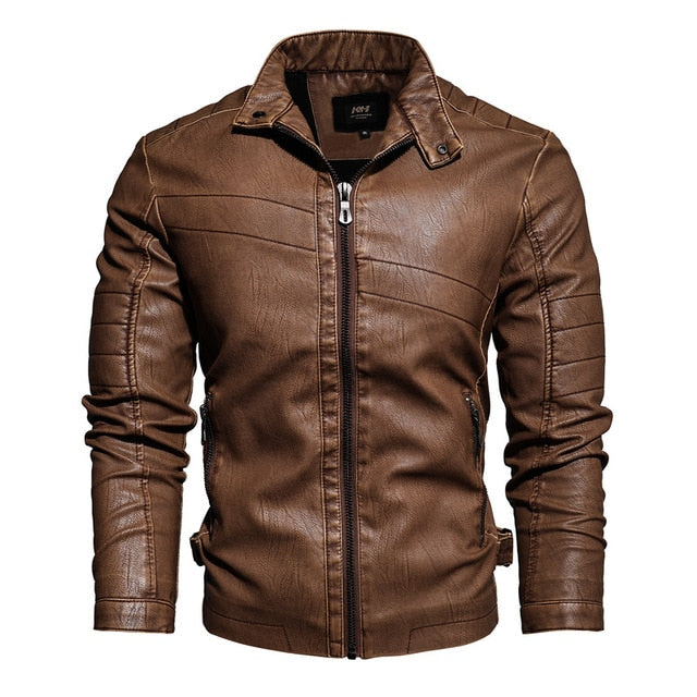 The New 2020 Winter Men's Motorcycle Leather Jacket with a Brown Leather Coat Lined with Velvet