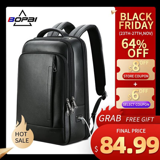 BOPAI Genuine Leather Backpack Laptop Mens Business Casual Waterproof Back Pack Male Computer Bagpack Black Backpacking