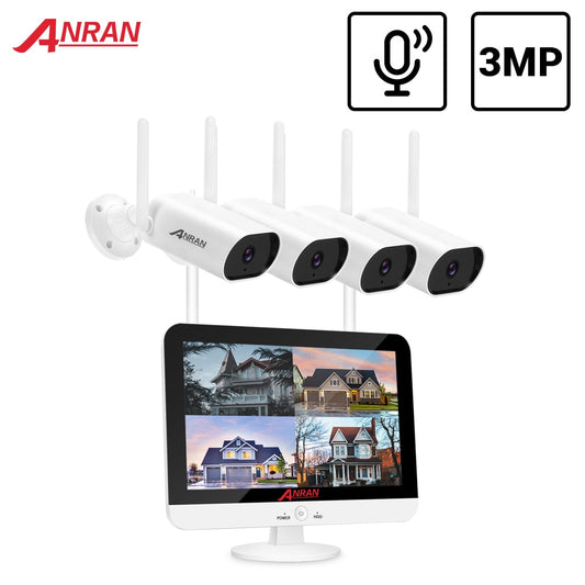 ANRAN Video Surveillance Kit 3MP Audio Record CCTV System Wireless Surveillance Camera System 13-inch Monitor NVR Waterproof