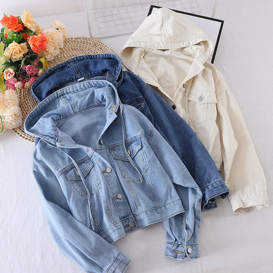 Women Double Pockets Hooded Coat Single Breasted Denim Jacket Women Autumn New Solid Color Simple Long Sleeve Tops PL508