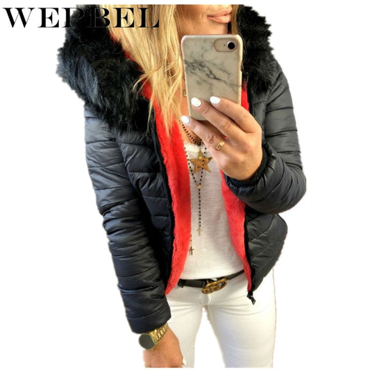 WEPBEL Women Fashion Autumn Winter Warm Thick Jackets Outwear Casual Fur Slim Solid Color Full Sleeve Hooded Ladies Jacket