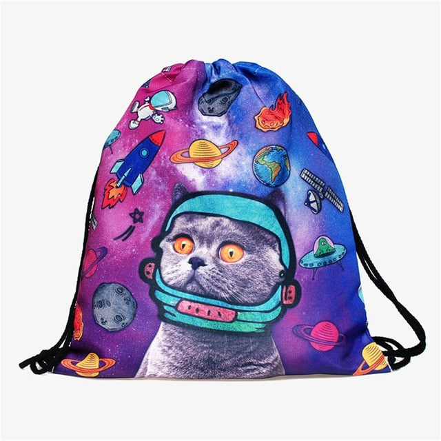 BalleenShiny Oxford 3D Digital Cats Dogs Drawstring Storage Bags Laundry Shoe Makeup Organizer Fashion Knapsack Travel Pouch