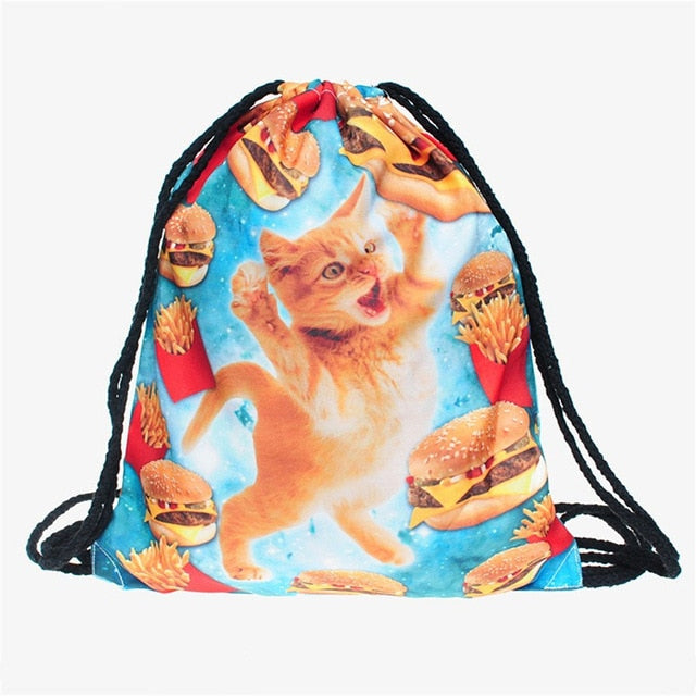 BalleenShiny Oxford 3D Digital Cats Dogs Drawstring Storage Bags Laundry Shoe Makeup Organizer Fashion Knapsack Travel Pouch