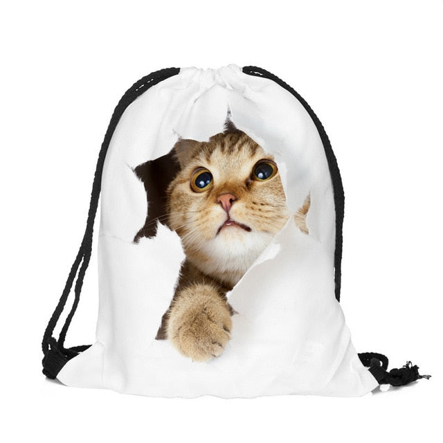 BalleenShiny Oxford 3D Digital Cats Dogs Drawstring Storage Bags Laundry Shoe Makeup Organizer Fashion Knapsack Travel Pouch