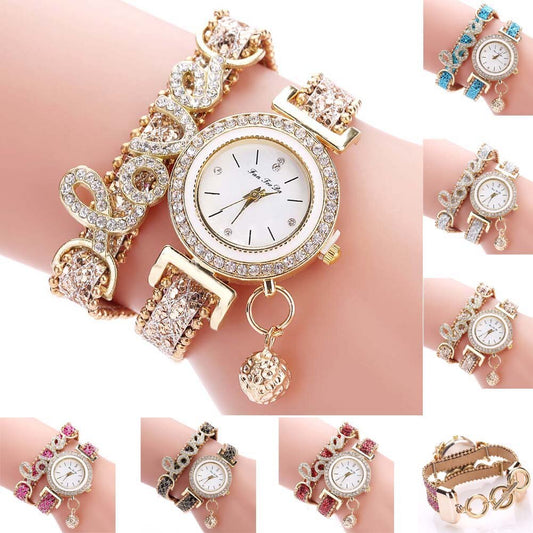 Newly Fashion Women Multi-layer Bracelet Quartz Watch Alloy Crystal Love Letter Band Wristwatch Jewelry Gifts