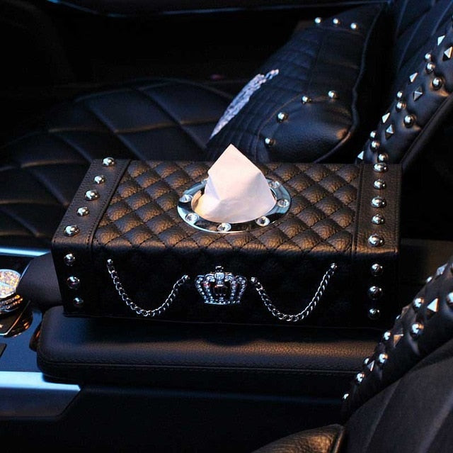 Crown Series Inerior Accessories for Girls Leather Car Steering Wheel Covers Sun Visor Tiessue Box Pillows Seatbelt Shifter Sets