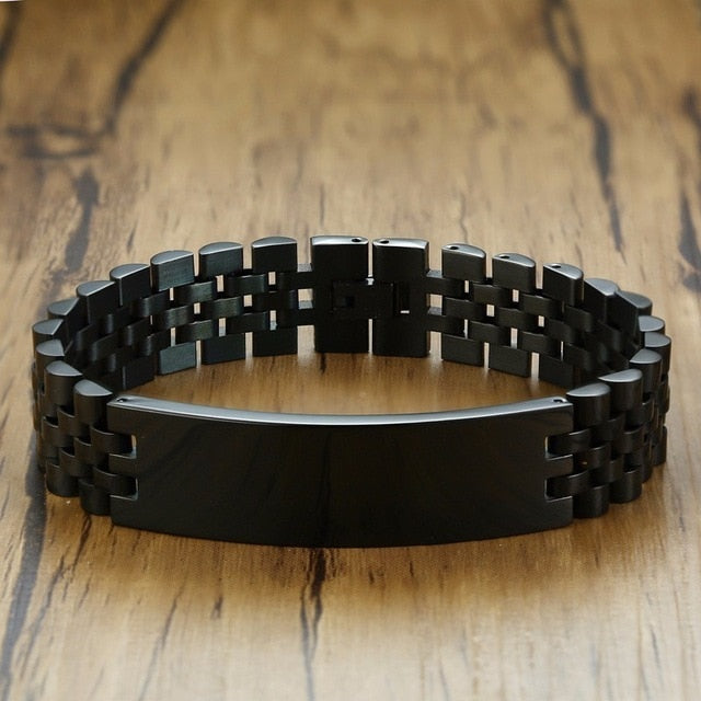 Vnox 15mm Chunky Bracelets for Men Free Engraving 3 Color Stainless Steel Watch Band with ID Bar Design Tough Man Custom Jewelry