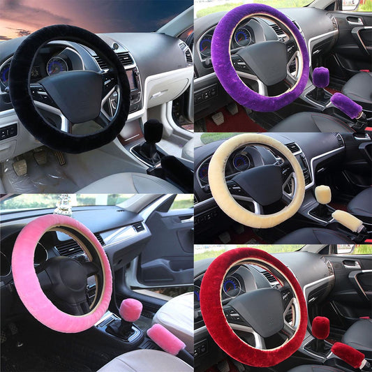 New 3pcs/set Winter Faux Wool Car Steering Wheel Cover for women Car seat Cover Fuzzy Car Interior Accessories Car styling