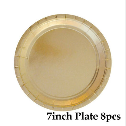 Party Gold Disposable Tableware Paper Tray Plates Cups Paper Straw Cake Wrapper Birthday decorate Baby Shower Wedding Party Set