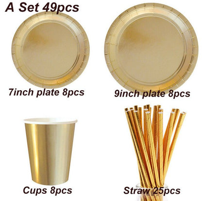 Party Gold Disposable Tableware Paper Tray Plates Cups Paper Straw Cake Wrapper Birthday decorate Baby Shower Wedding Party Set