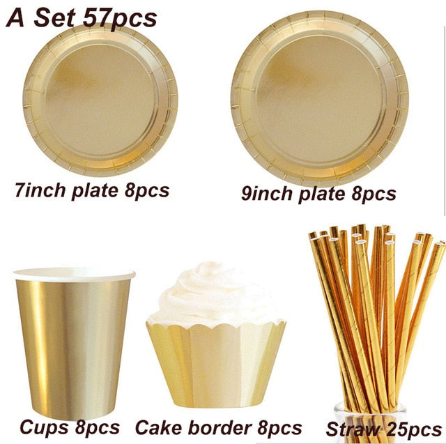 Party Gold Disposable Tableware Paper Tray Plates Cups Paper Straw Cake Wrapper Birthday decorate Baby Shower Wedding Party Set