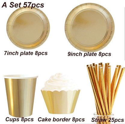 Party Gold Disposable Tableware Paper Tray Plates Cups Paper Straw Cake Wrapper Birthday decorate Baby Shower Wedding Party Set