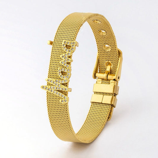 Fashion Stainless Steel Watch Strap Charm Gold Bangle Women Mother's Day Best Jewelry Gift High Quality CZ Beads Bracelet
