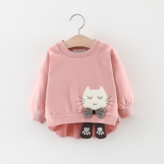 2019 Autumn Girls Sweatshirts Baby Infants Girl Clothes Kids Toddler Cartoon Cat Bow Long Sleeve Pullover Tops Outwear WT769