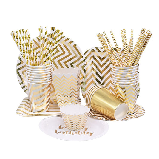 8pc/lot Gold Striped Disposable Tableware Christmas Birthday Party Paper Plates Cups Straws Napkins For Wedding Party Decoration