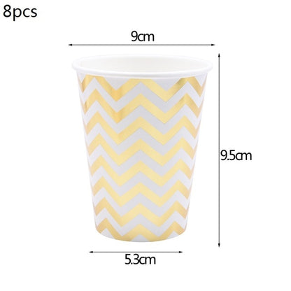 8pc/lot Gold Striped Disposable Tableware Christmas Birthday Party Paper Plates Cups Straws Napkins For Wedding Party Decoration