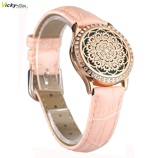 Pink Watch Locket Bracelet Genuine Leather Crystal Stainless Steel Men Woman Bangle Essential Oil Aroma Diffuser Locket Bracelet