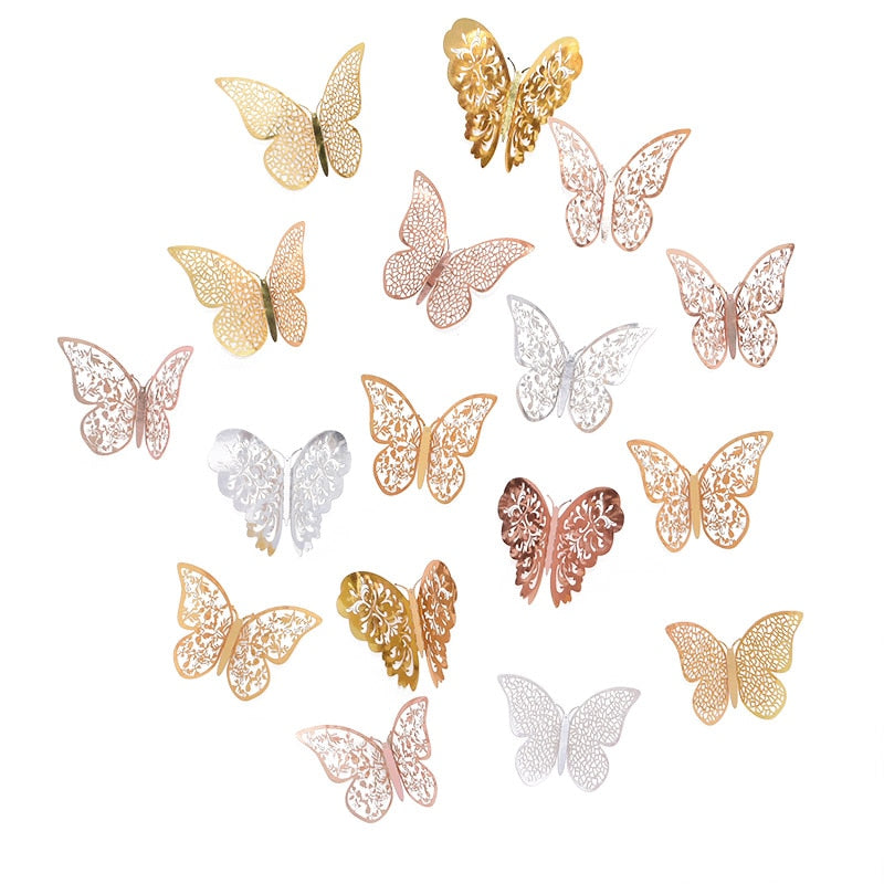 12Pcs Rose Gold Silver Hollow 3D Butterfly Wall Stickers For DIY Party Kids Wedding Room Decoration Home Wall Sticker Decal Deco