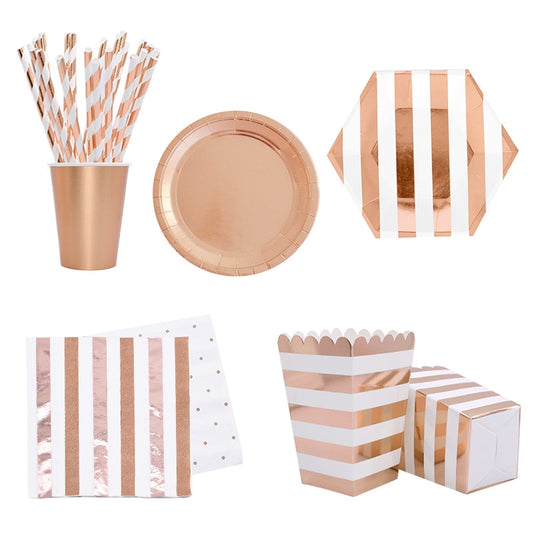 Rose Gold Party Disposable Tableware Set Party Paper Cups Plates Straws Party Table Decoration Wedding Birthday Party Supplies