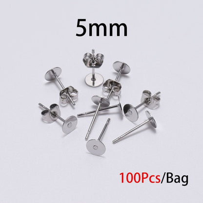 20-100pcs/lot Gold Stainless Steel Blank Post Earring Studs Base Pins With Earring Plug Findings Ear Back For DIY Jewelry Making