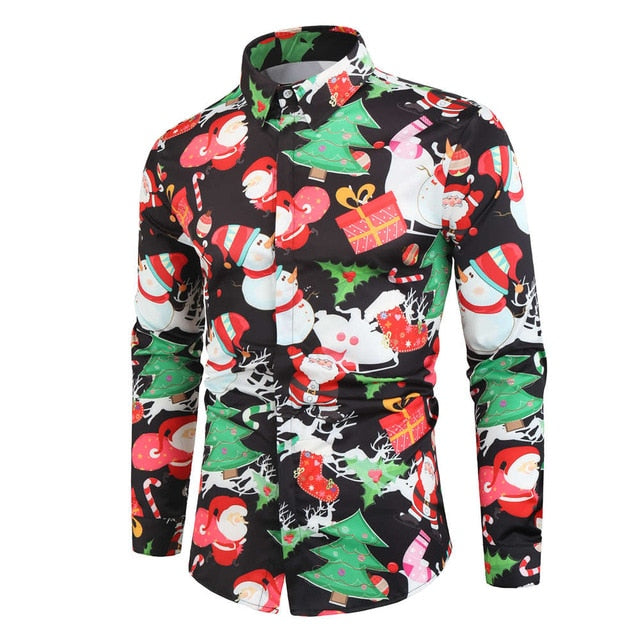 Christmas 3D Print Tree Shirt Men Autumn Long Sleeve shirt Winter Printed Mens Funny shirt
