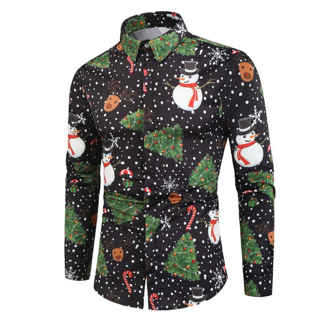 Christmas 3D Print Tree Shirt Men Autumn Long Sleeve shirt Winter Printed Mens Funny shirt