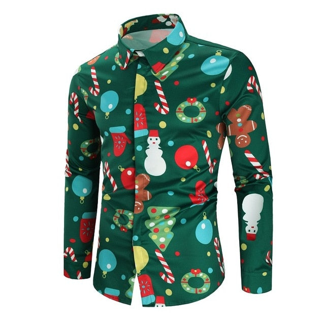 Christmas 3D Print Tree Shirt Men Autumn Long Sleeve shirt Winter Printed Mens Funny shirt