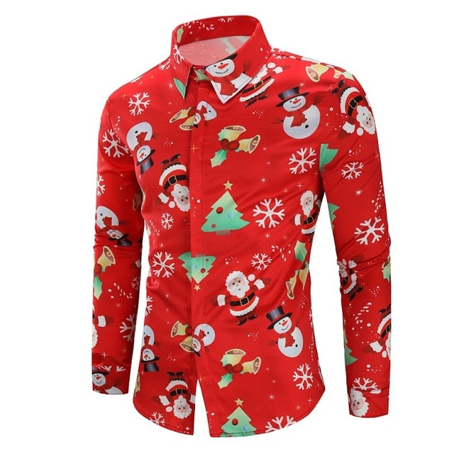 Christmas 3D Print Tree Shirt Men Autumn Long Sleeve shirt Winter Printed Mens Funny shirt